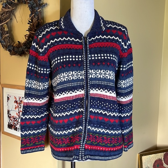 Vtg TIARA Size Small Graphic Knit Ski Winter Zip-Front Cardigan Ramie Cotton - Picture 1 of 12